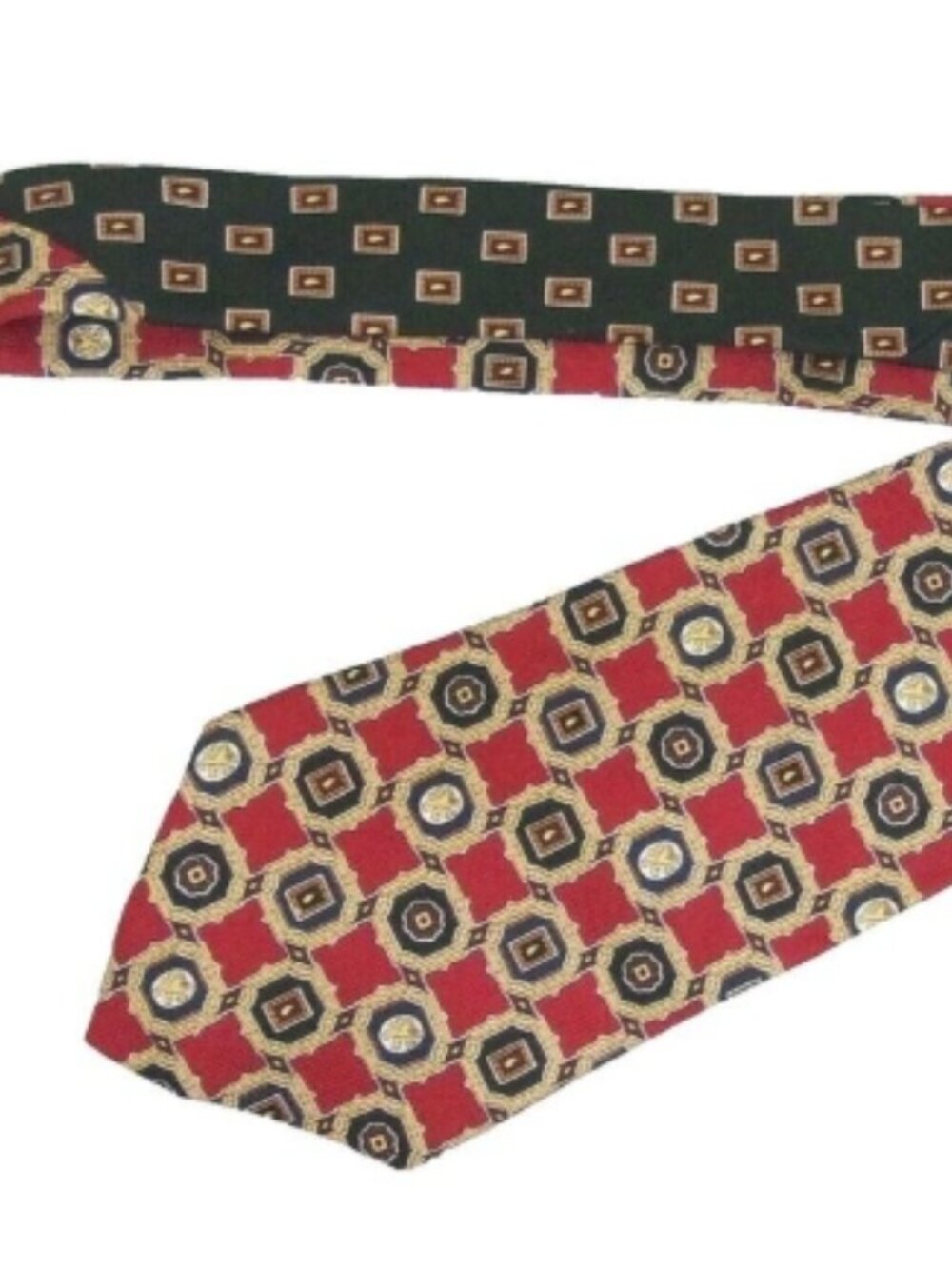 Tommy Hilfiger Red 100% Silk Neck Tie Green Medallion Crest Made in Italy A005